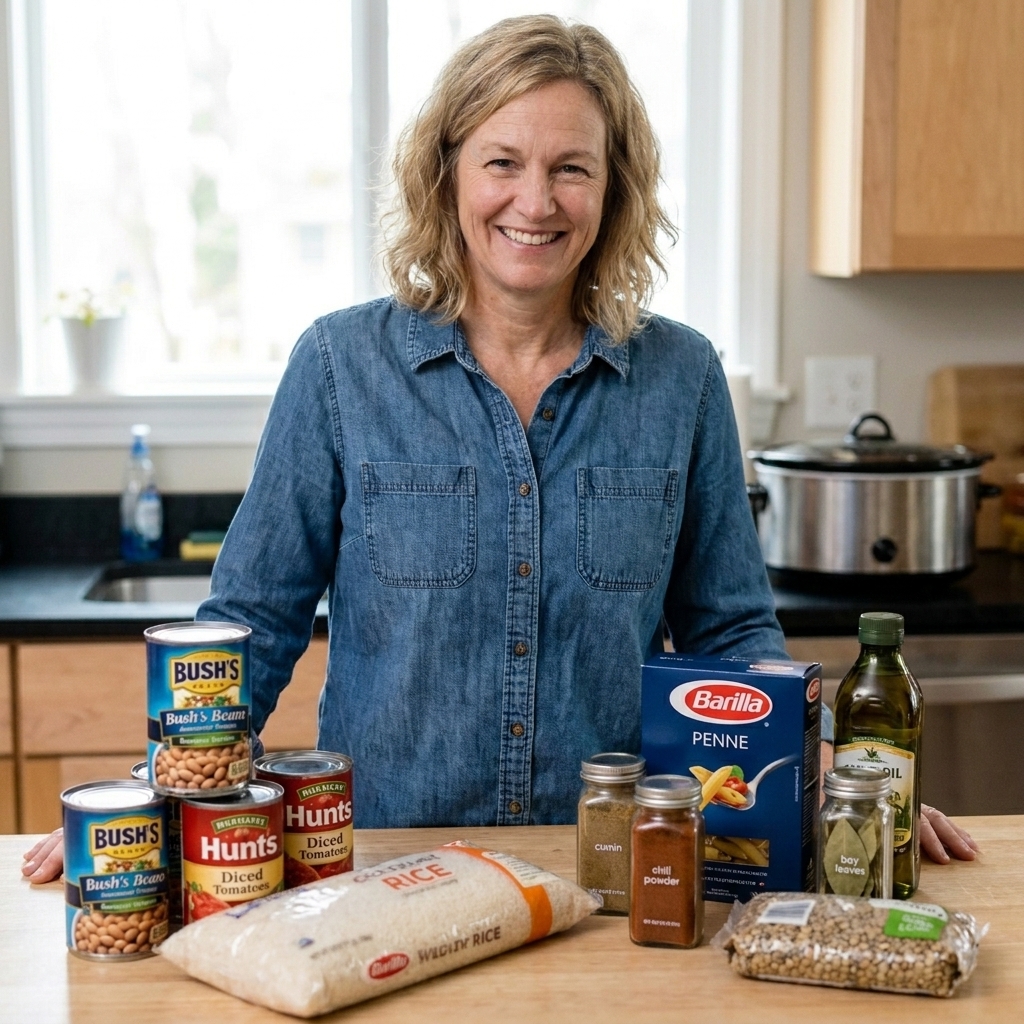 Pantry staples for slow cooker meals laid out on a counter, including canned beans, rice, pasta, diced tomatoes, and spices