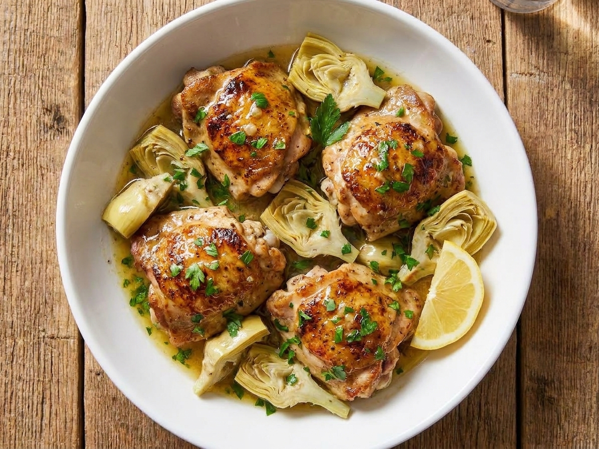 Plated lemon garlic chicken thighs with artichoke hearts and parsley, served on a white plate with a lemon wedge