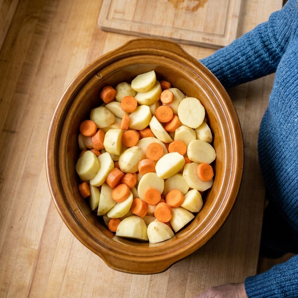 Potato chunks and thick carrot pieces arranged in an even layer at the bottom of a slow cooker insert