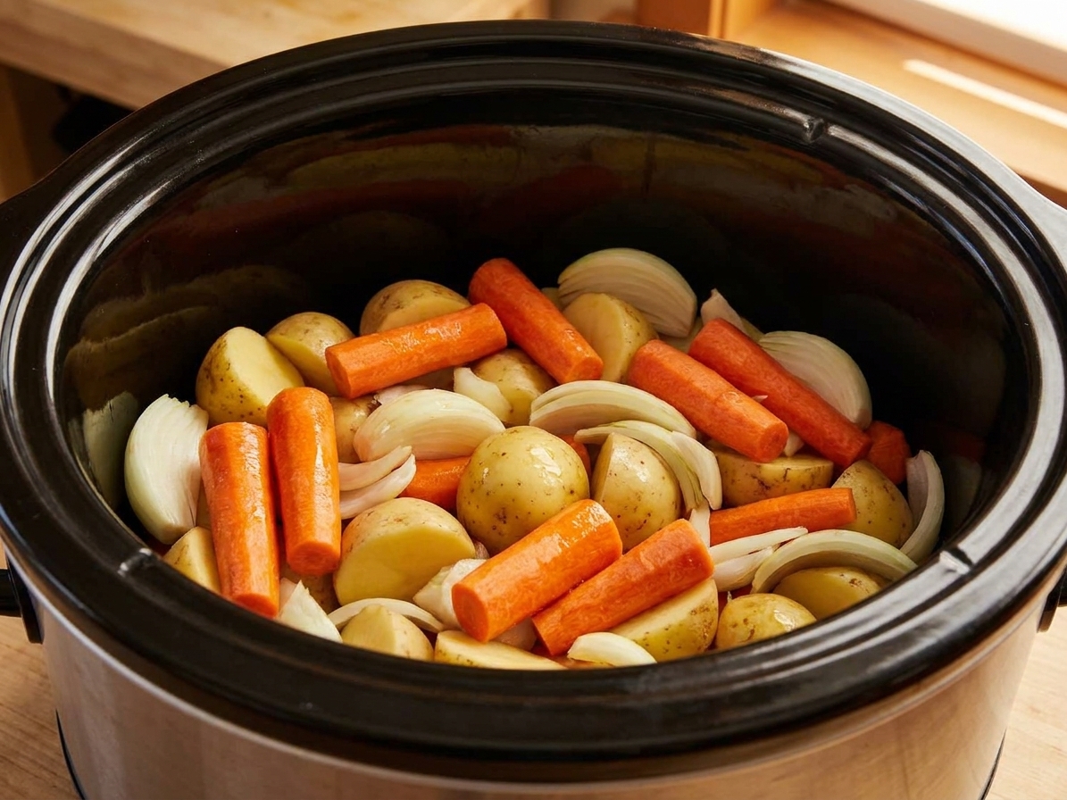 Potatoes, carrot chunks, and sliced onions layered in the bottom of a slow cooker insert
