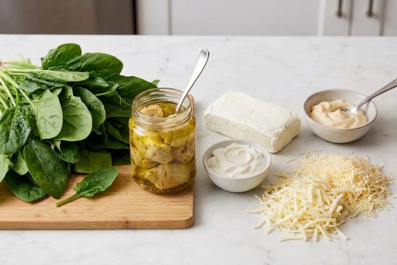 Pre-washed spinach, marinated artichoke hearts, and cheeses laid out for quick prep
