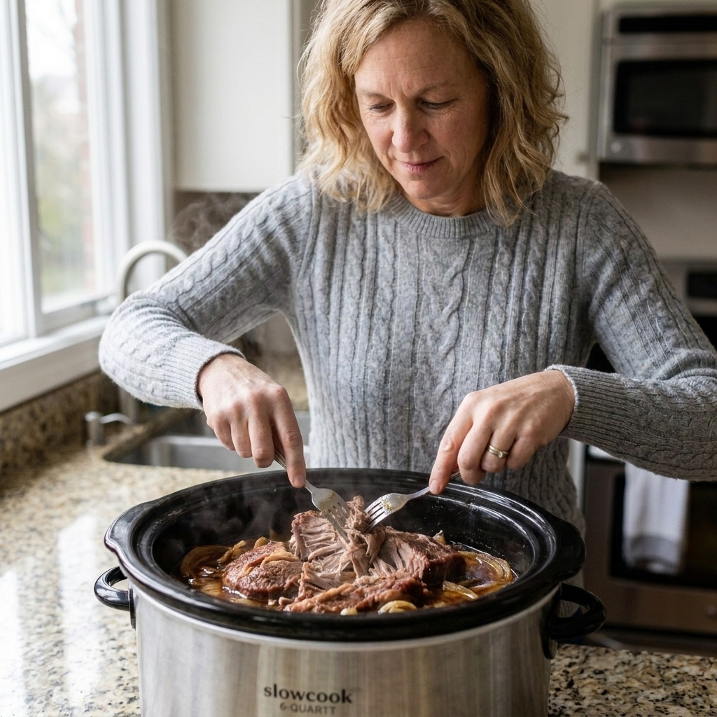 Pulled pork being shredded with forks in a slow cooker insert with cooking juices