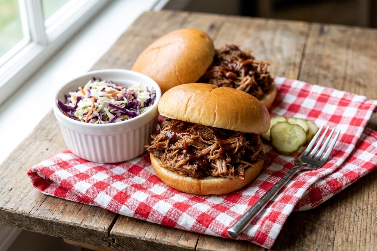 Pulled pork piled on soft sandwich buns with a bowl of coleslaw nearby on a simple weeknight dinner table