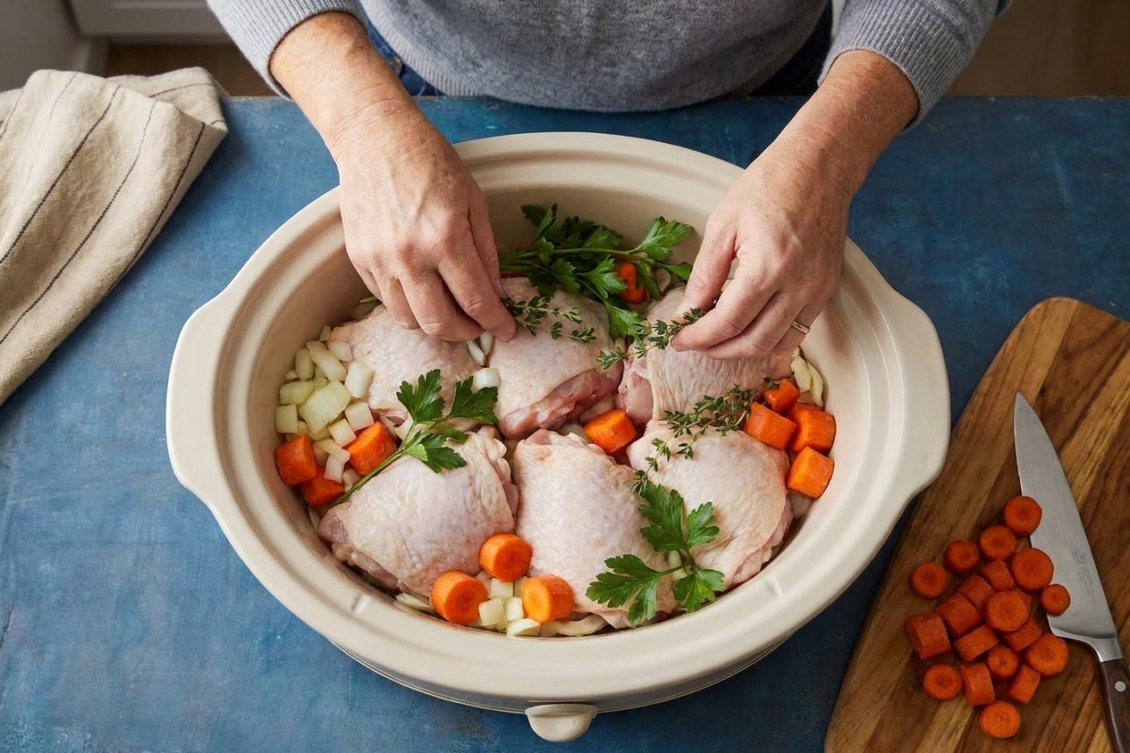 Raw chicken thighs nestled into a slow cooker insert with chopped onions, carrots, and herbs before cooking