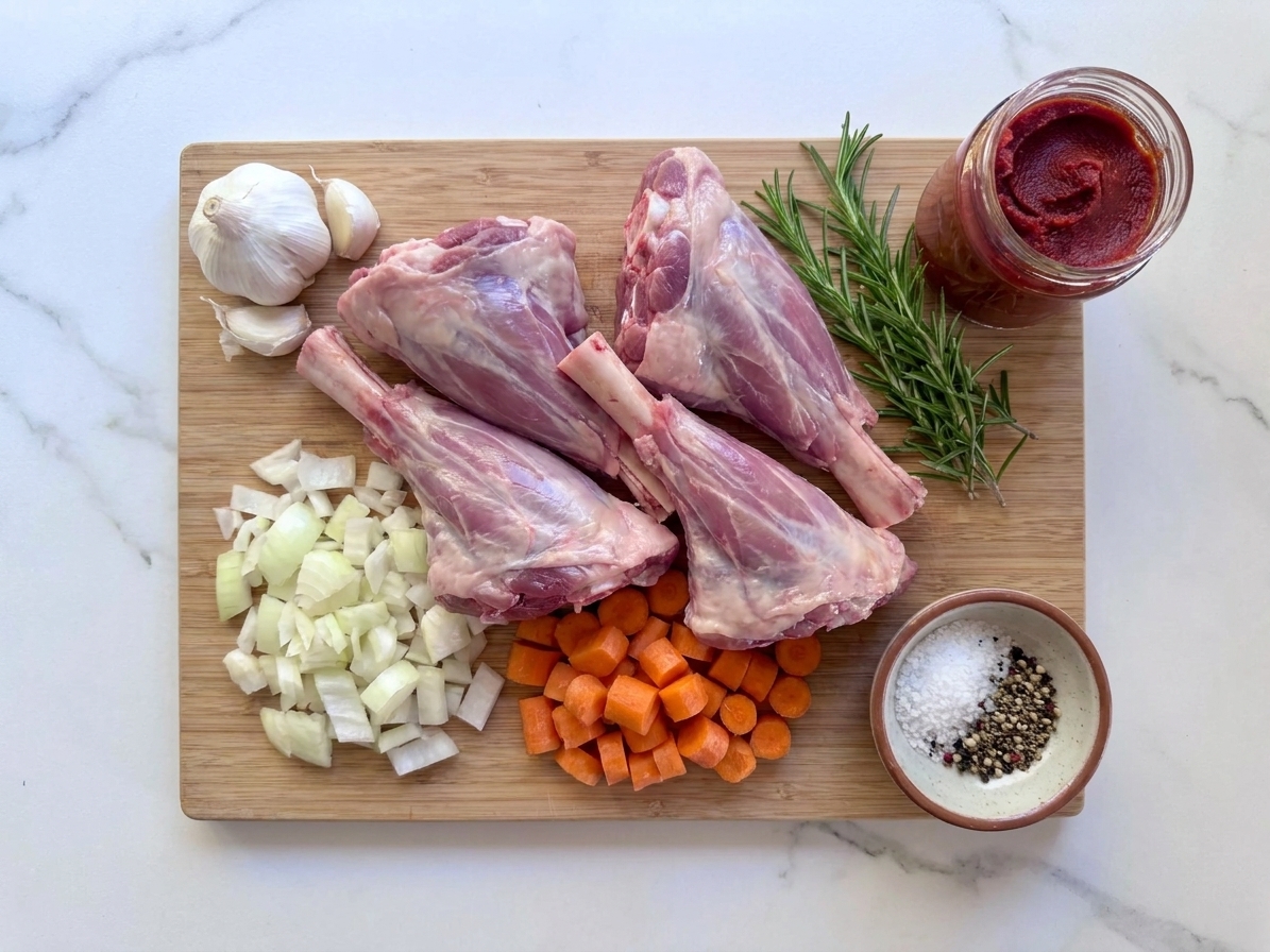 Raw lamb shanks on a cutting board next to garlic, onions, carrots, rosemary, tomato paste, and a small bowl of salt and pepper on a kitchen counter