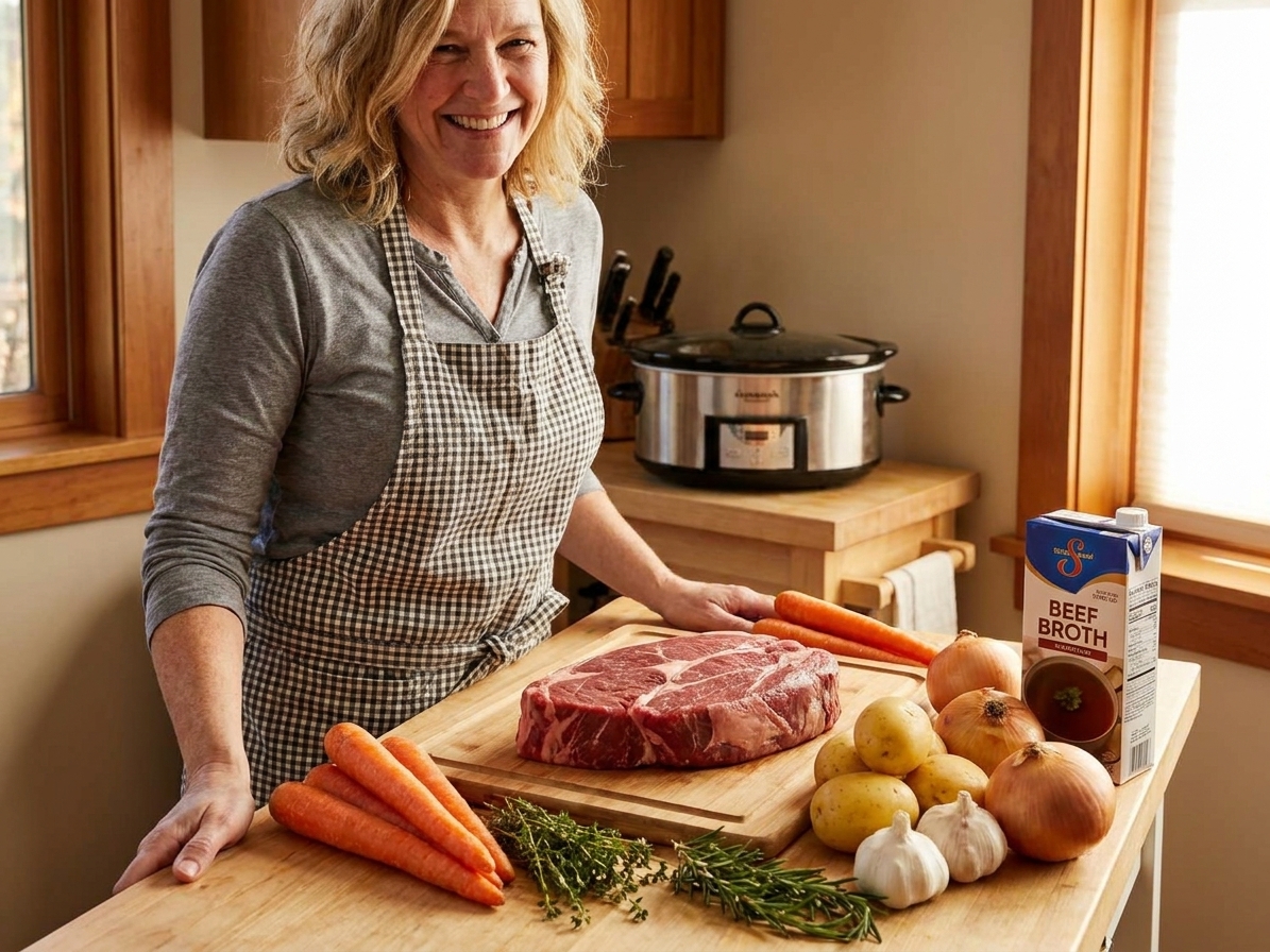 Raw pot roast ingredients on a kitchen counter including a chuck roast, whole carrots, yellow potatoes, onions, garlic, beef broth, and herbs