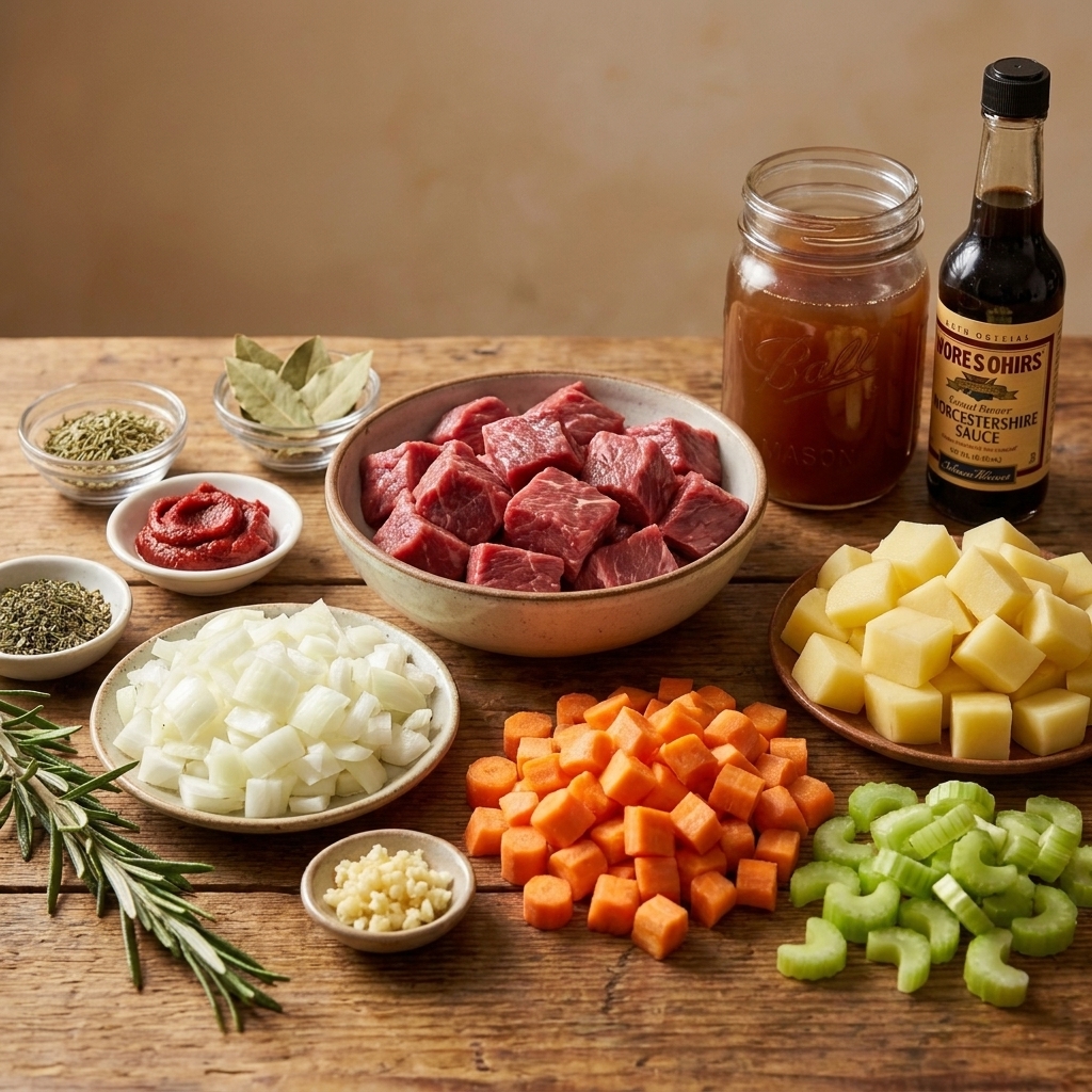 Raw stew beef, chopped onions, carrots, potatoes, celery, garlic, tomato paste, beef broth, Worcestershire sauce, and dried herbs arranged on a kitchen counter
