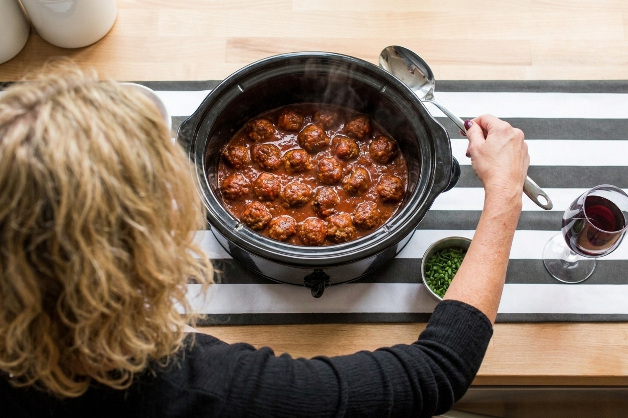 Saucy meatballs simmering in a slow cooker with a serving spoon resting on the edge