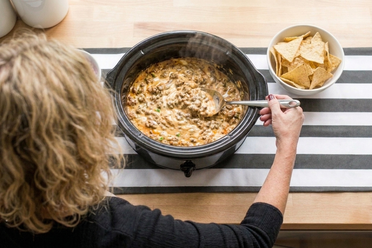 Sausage and cream cheese dip being stirred in a slow cooker with tortilla chips ready for dipping