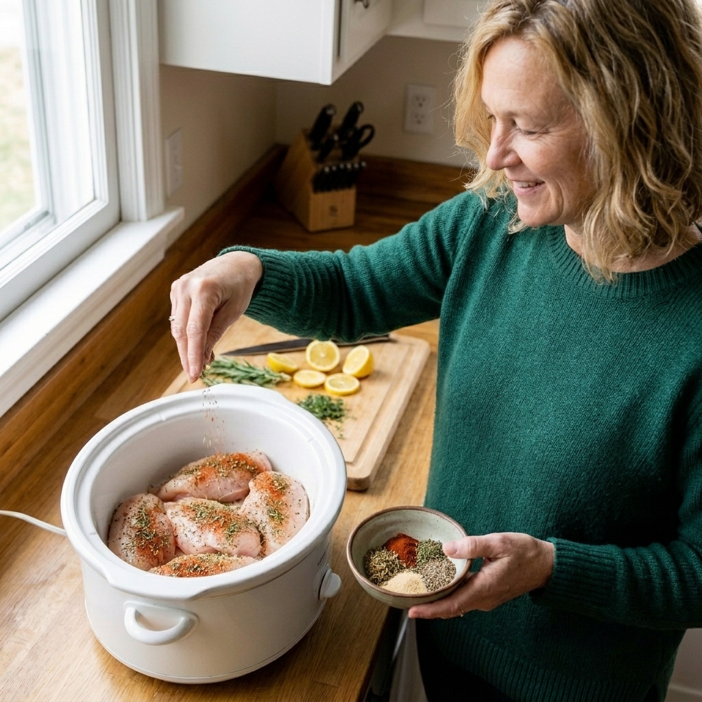Seasonings being sprinkled over raw chicken breasts arranged in a slow cooker