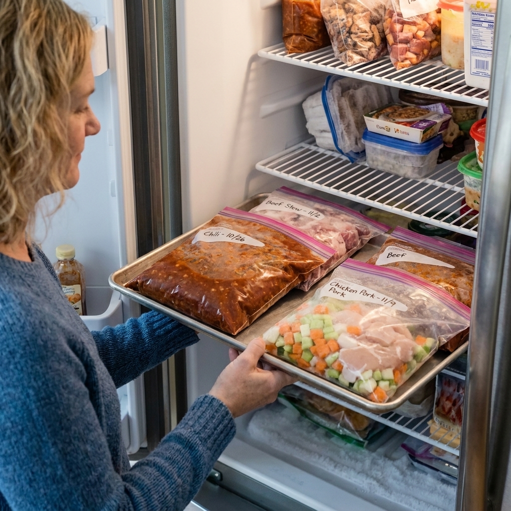 Several gallon freezer bags filled with slow cooker meal ingredients freezing flat on a metal sheet pan inside a home freezer