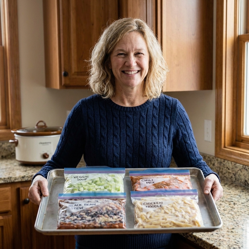 Several soup freezer bags laid flat on a metal sheet pan, frozen into thin rectangles for easy stacking