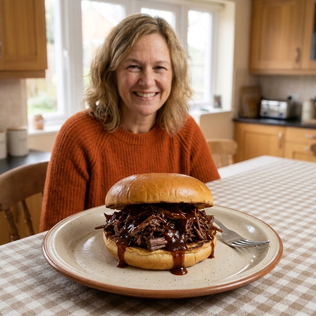 Shredded barbecue beef piled high on a toasted bun on a plate, with extra sauce glistening on the meat