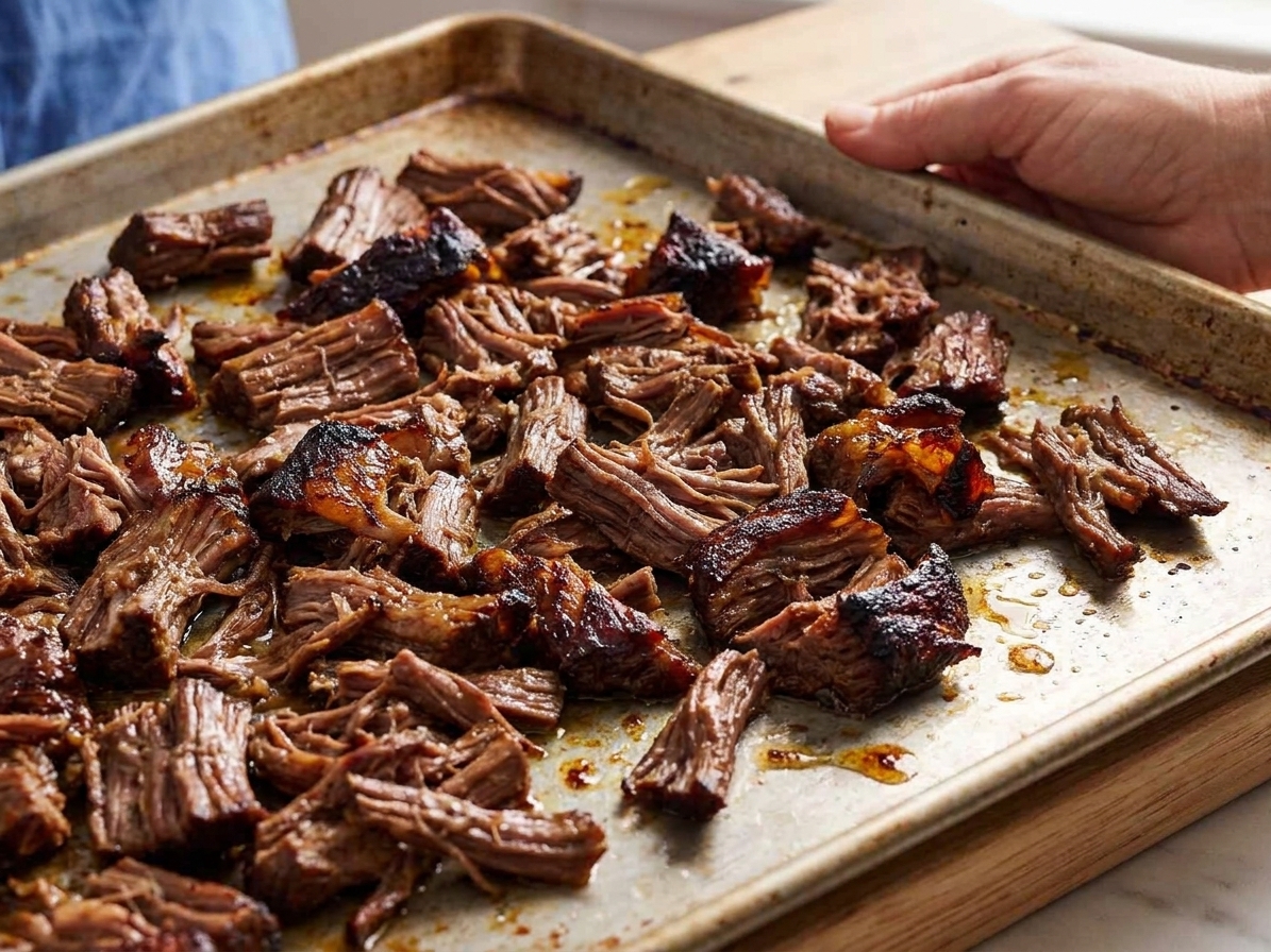 Shredded beef spread on a sheet pan with browned, crisp edges after broiling