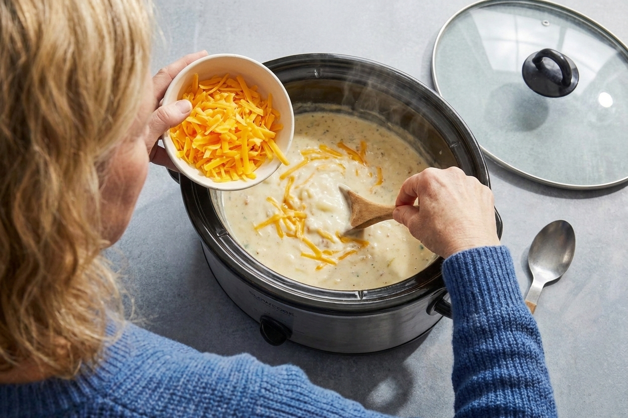 Shredded cheddar being sprinkled into hot soup while someone stirs, showing cheese added gradually