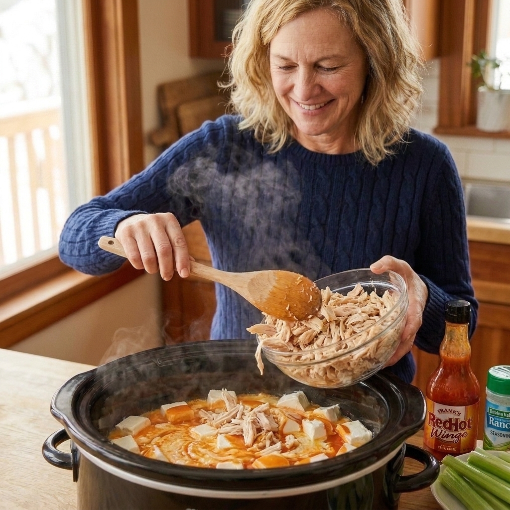 Shredded chicken being added to a slow cooker filled with creamy buffalo sauce mixture