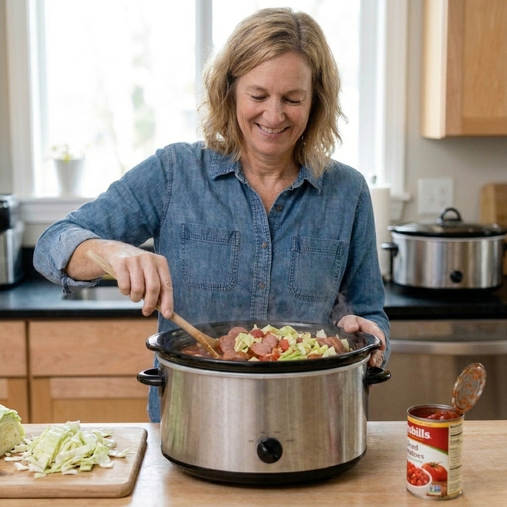Sliced sausage, cabbage, and tomatoes simmering together in a slow cooker