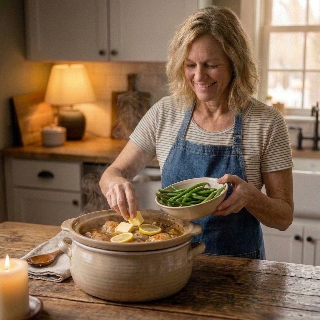 Slow cooker chicken with melted butter, lemon slices, and green beans added near the end of cooking