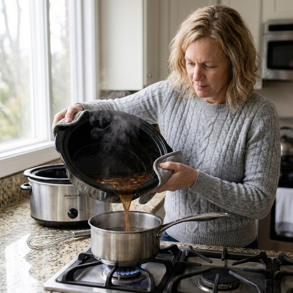 Slow cooker cooking liquid being poured into a saucepan on a stovetop to reduce into gravy