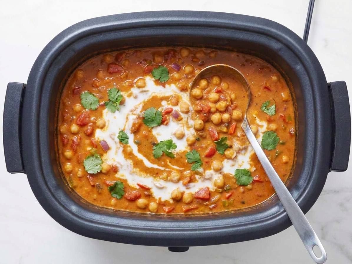 Slow cooker filled with chickpea tikka masala, creamy orange sauce with chickpeas and a swirl of coconut milk