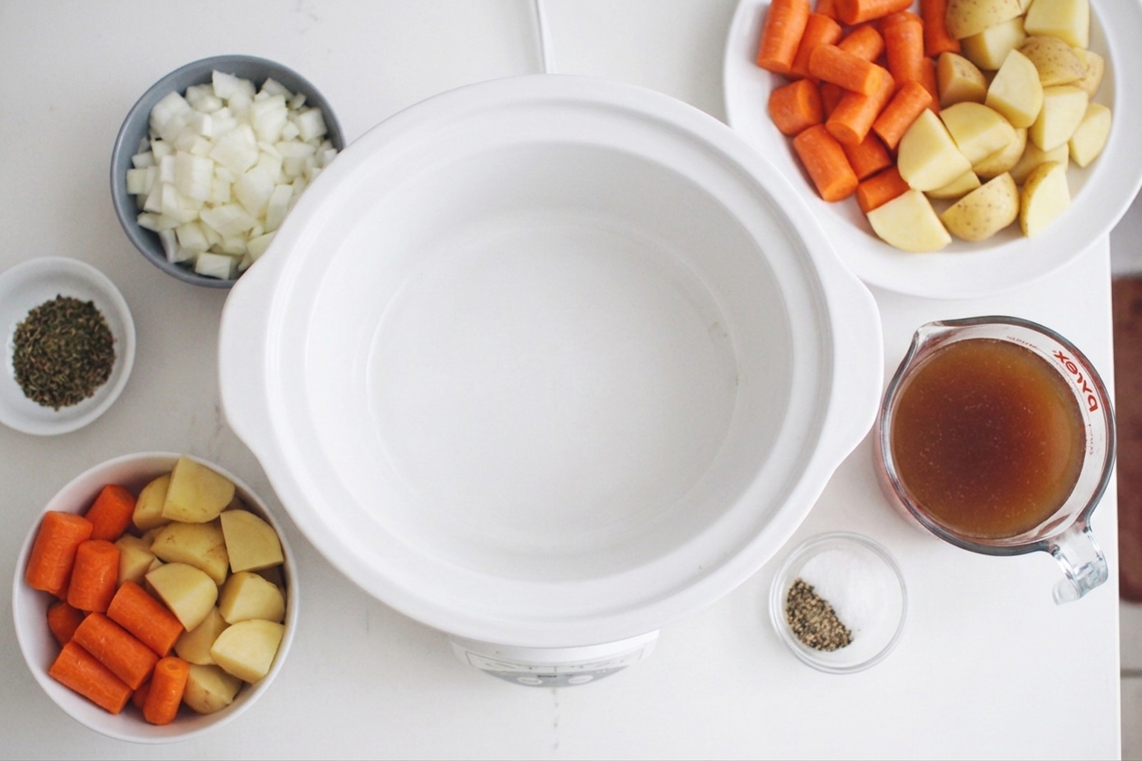 Slow cooker insert on a kitchen counter surrounded by measured ingredients like broth, diced onions, carrots, potatoes, and seasonings ready to be added