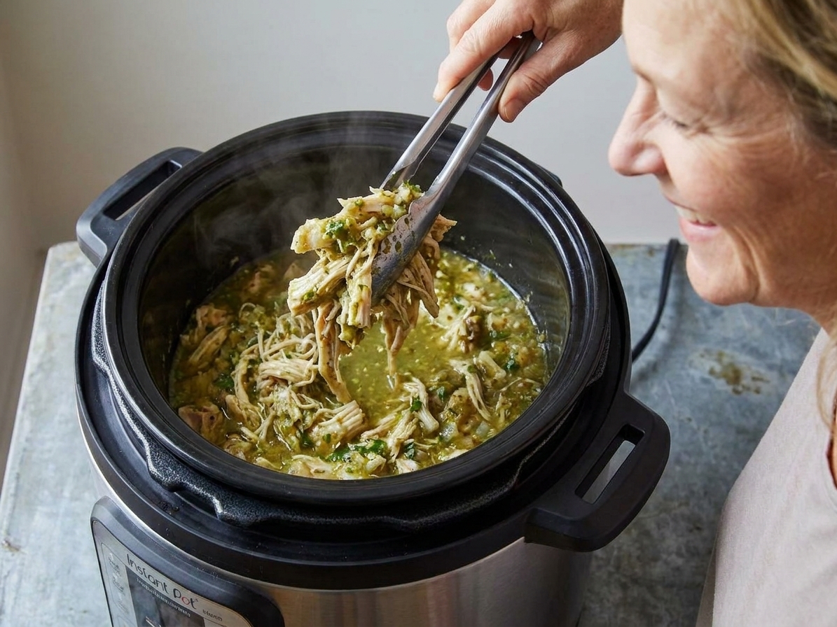 Slow cooker shredded salsa verde chicken being lifted with tongs, showing tender strands and green sauce