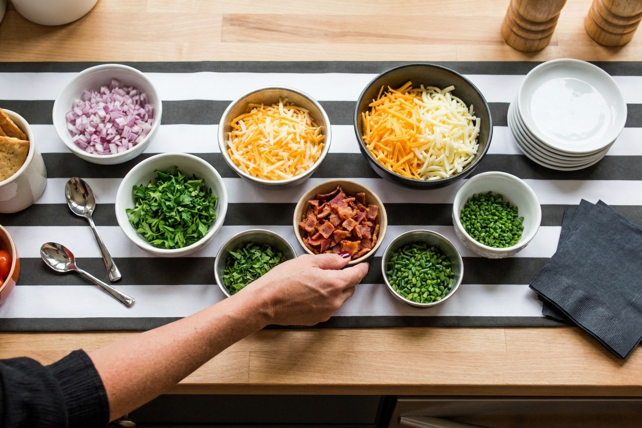 Small bowls of prepped ingredients for appetizers including chopped onions, shredded cheese, herbs, and crumbled bacon on a kitchen counter