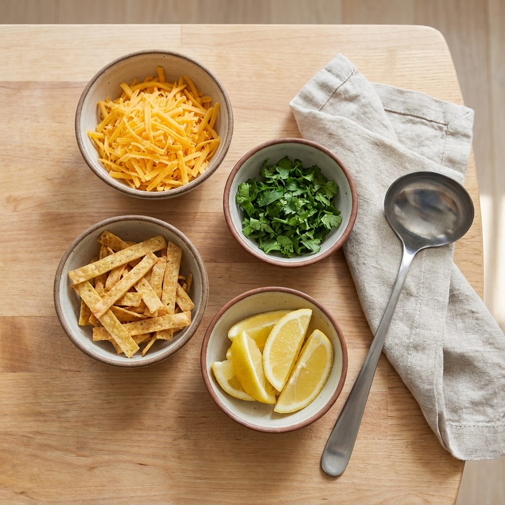 Small bowls of soup toppings like shredded cheese, chopped herbs, tortilla strips, and lemon wedges arranged on a kitchen counter next to a ladle
