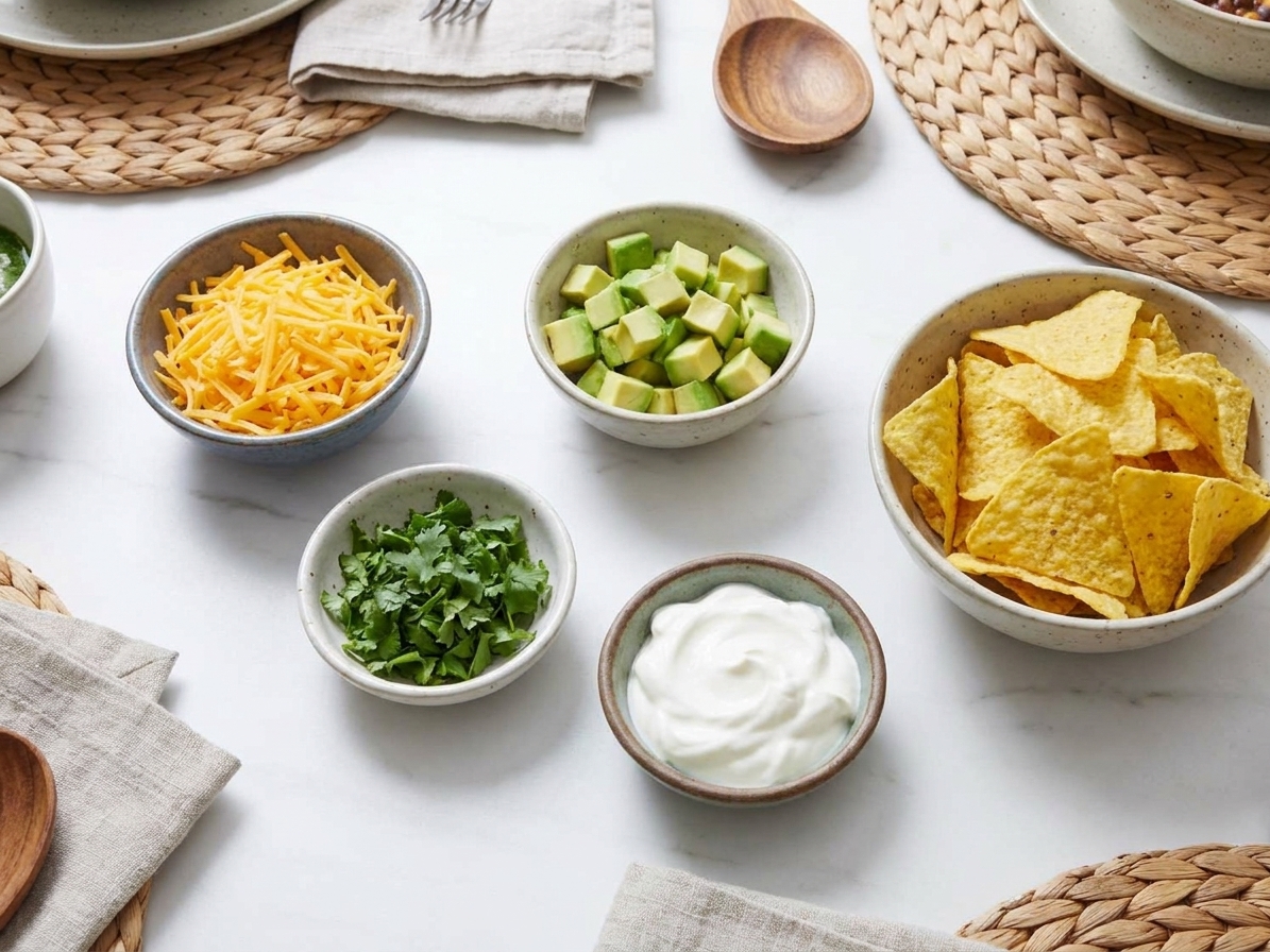 Small bowls of toppings like shredded cheese, avocado, cilantro, sour cream, and tortilla chips on a family dinner table