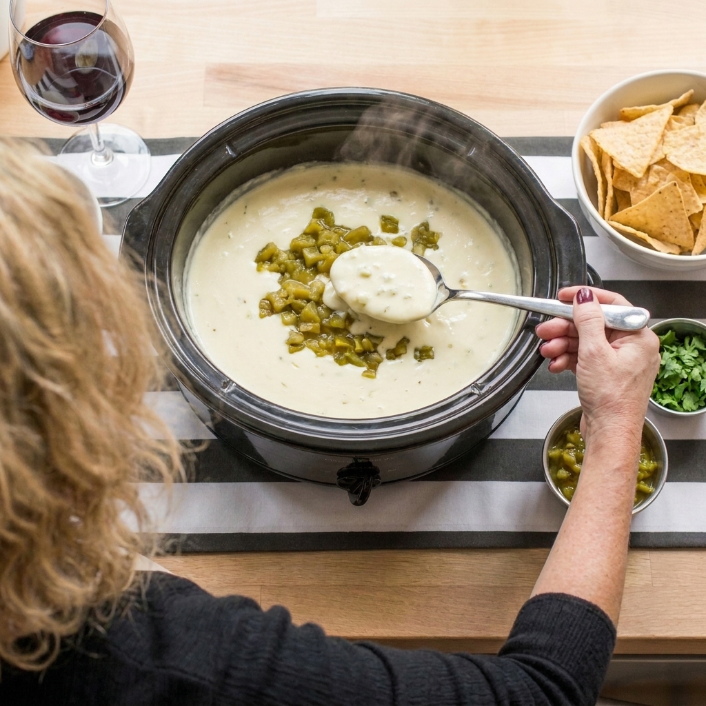 Smooth queso blanco in a slow cooker topped with diced green chiles and served with tortilla chips