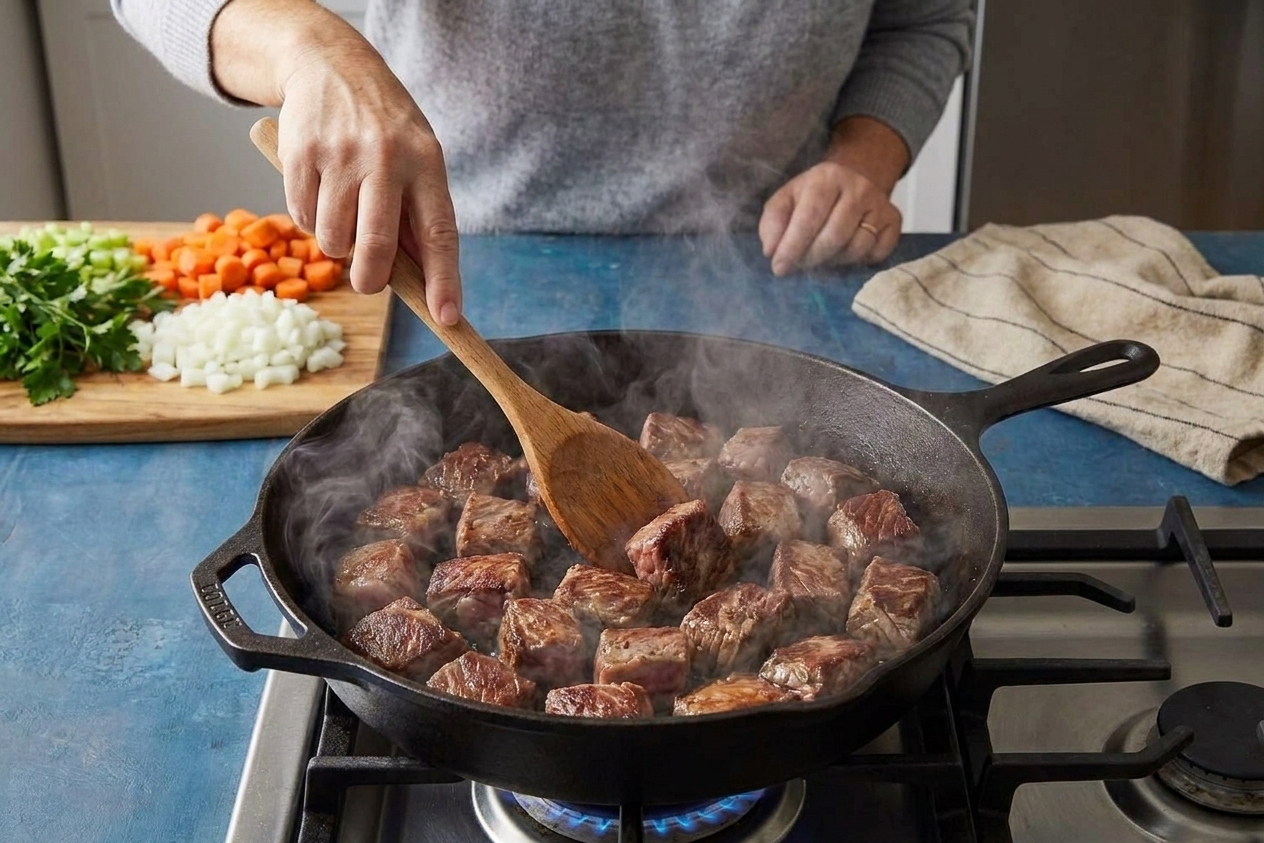 Stew meat browning in a hot skillet with a wooden spoon nearby and steam rising as the meat sears