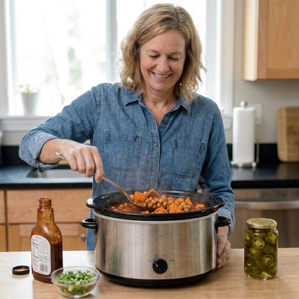 Sweet potato chunks and chickpeas in a slow cooker with barbecue sauce stirred in