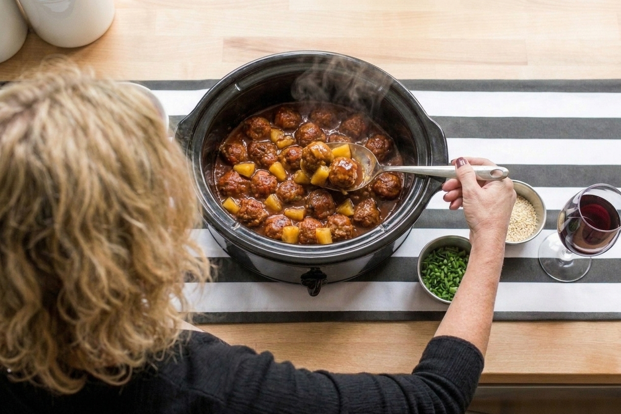 Teriyaki pineapple meatballs in a slow cooker with pineapple chunks visible in the sauce