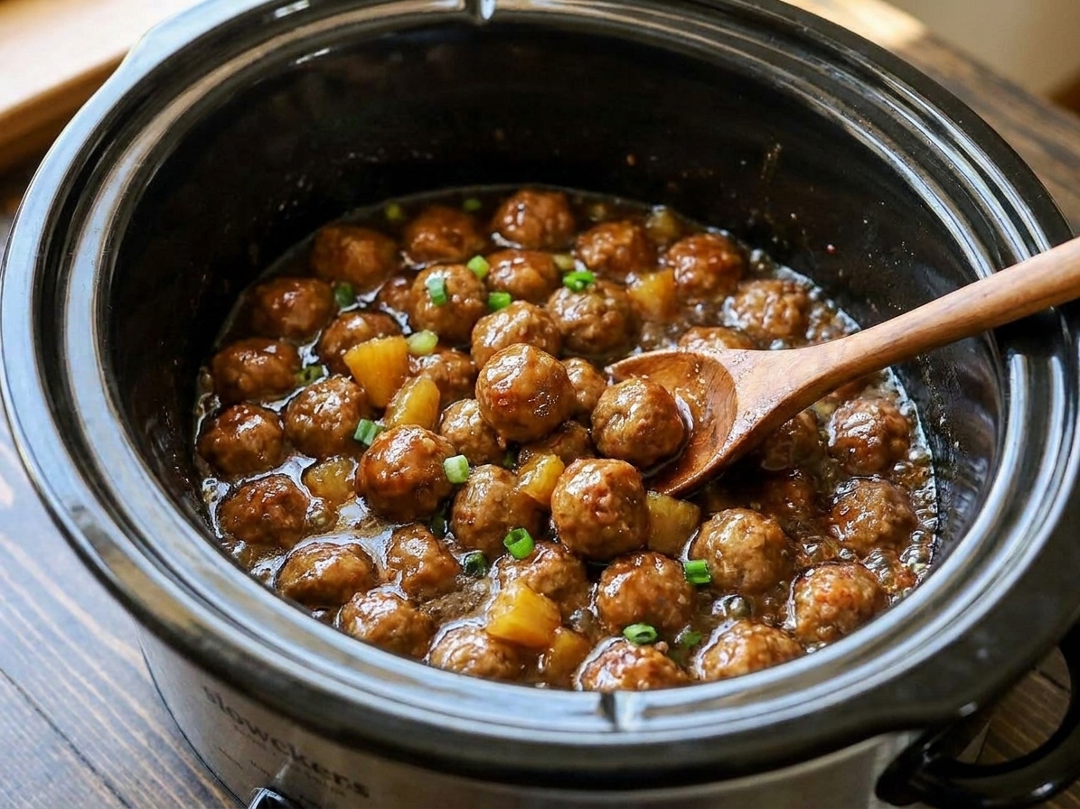 Teriyaki pineapple meatballs simmering in a slow cooker with pineapple chunks and sauce bubbling around the edges