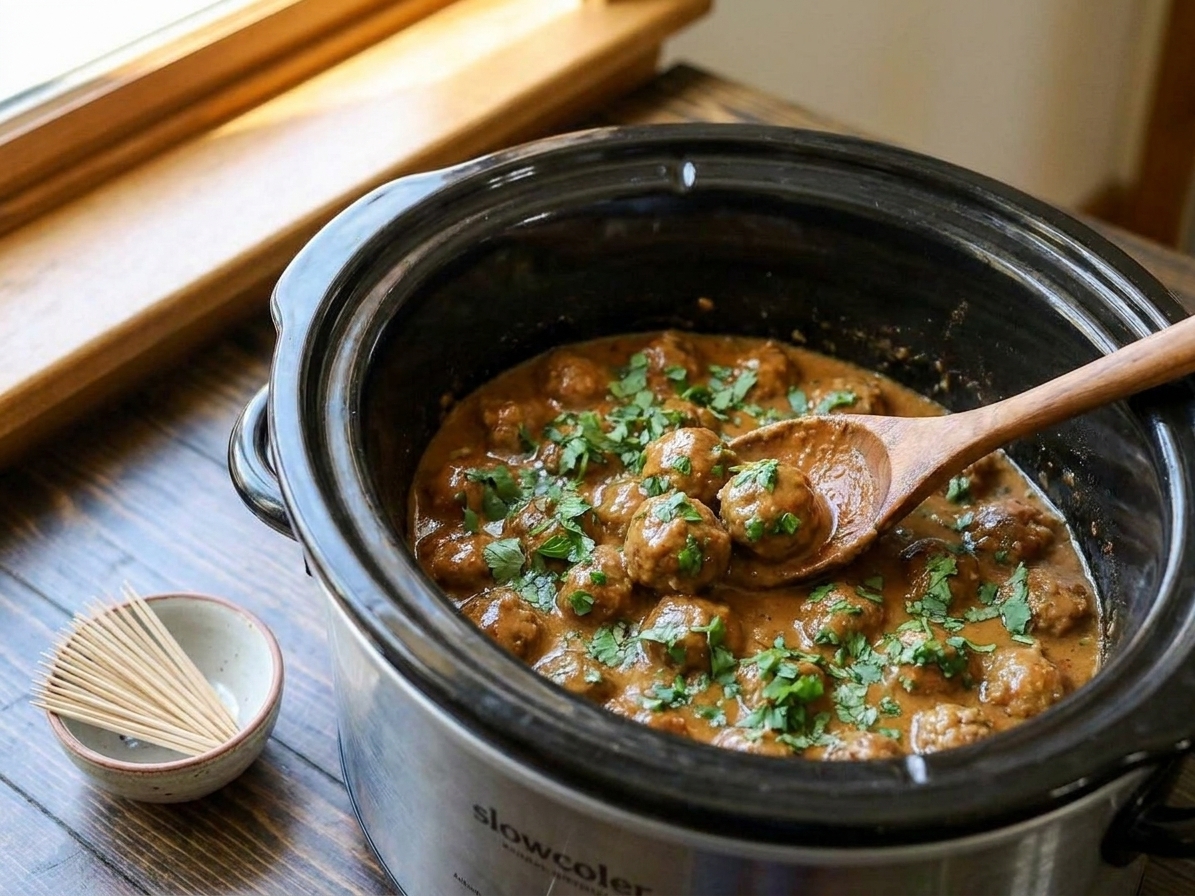 Thai peanut curry meatballs in a slow cooker with creamy sauce, topped with chopped cilantro and set out with toothpicks