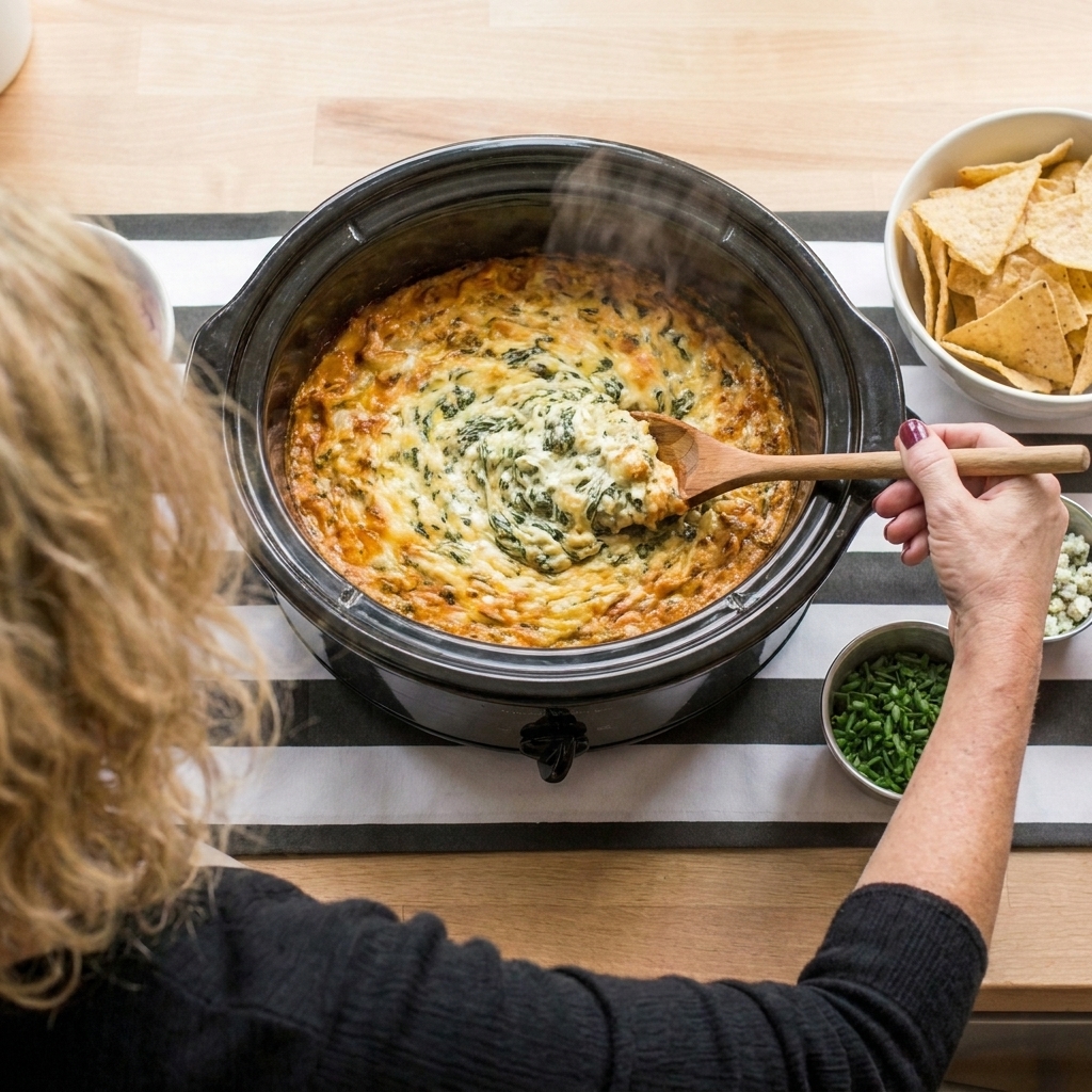 Thick spinach artichoke dip in a slow cooker with a wooden spoon and pita chips on the counter