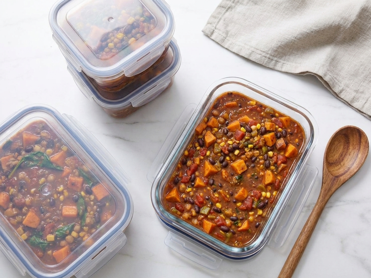 Vegetarian chili portioned into airtight containers for refrigeration and freezing