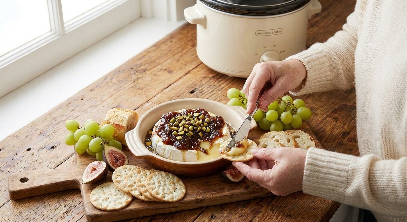 Warm brie in a small serving dish topped with fig jam and chopped pistachios, surrounded by crackers and sliced fruit on a table