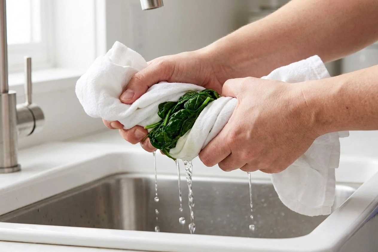 Wilted spinach wrapped in a clean kitchen towel being squeezed over a sink to remove excess water